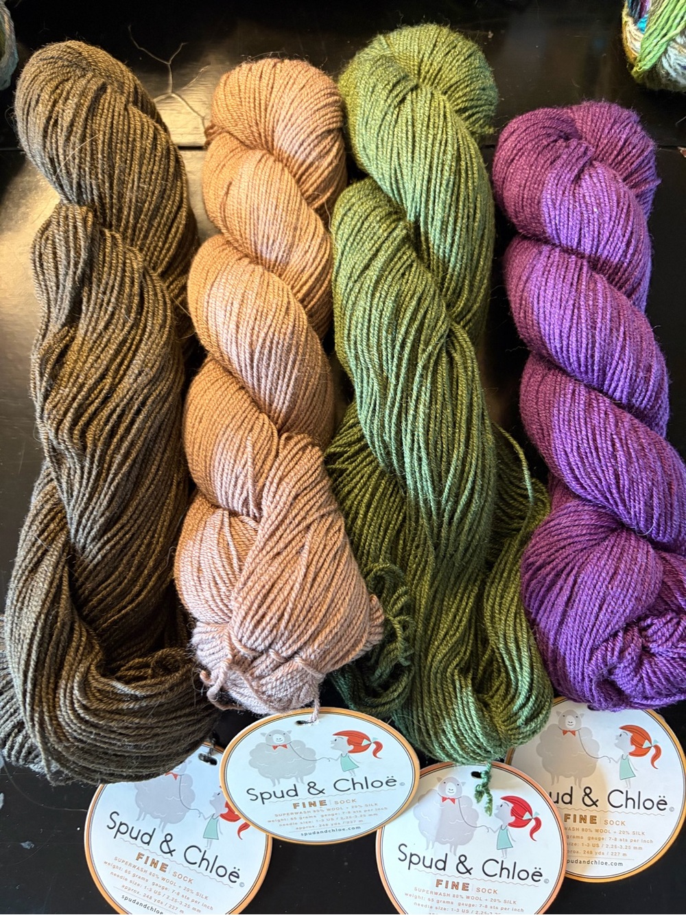 Fine Sock Yarn - Olive, Peach, Green, Purple Skeins
